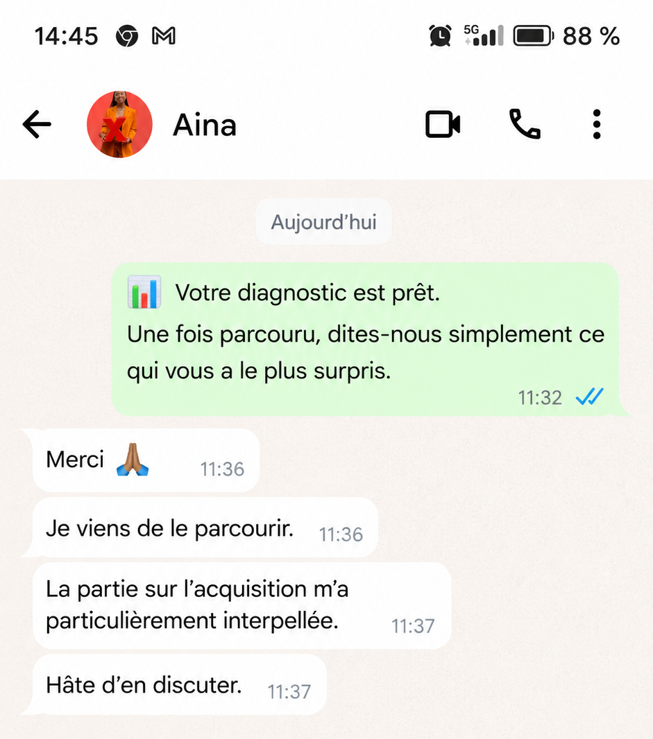 Conversation WhatsApp — retour diagnostic d'Aina