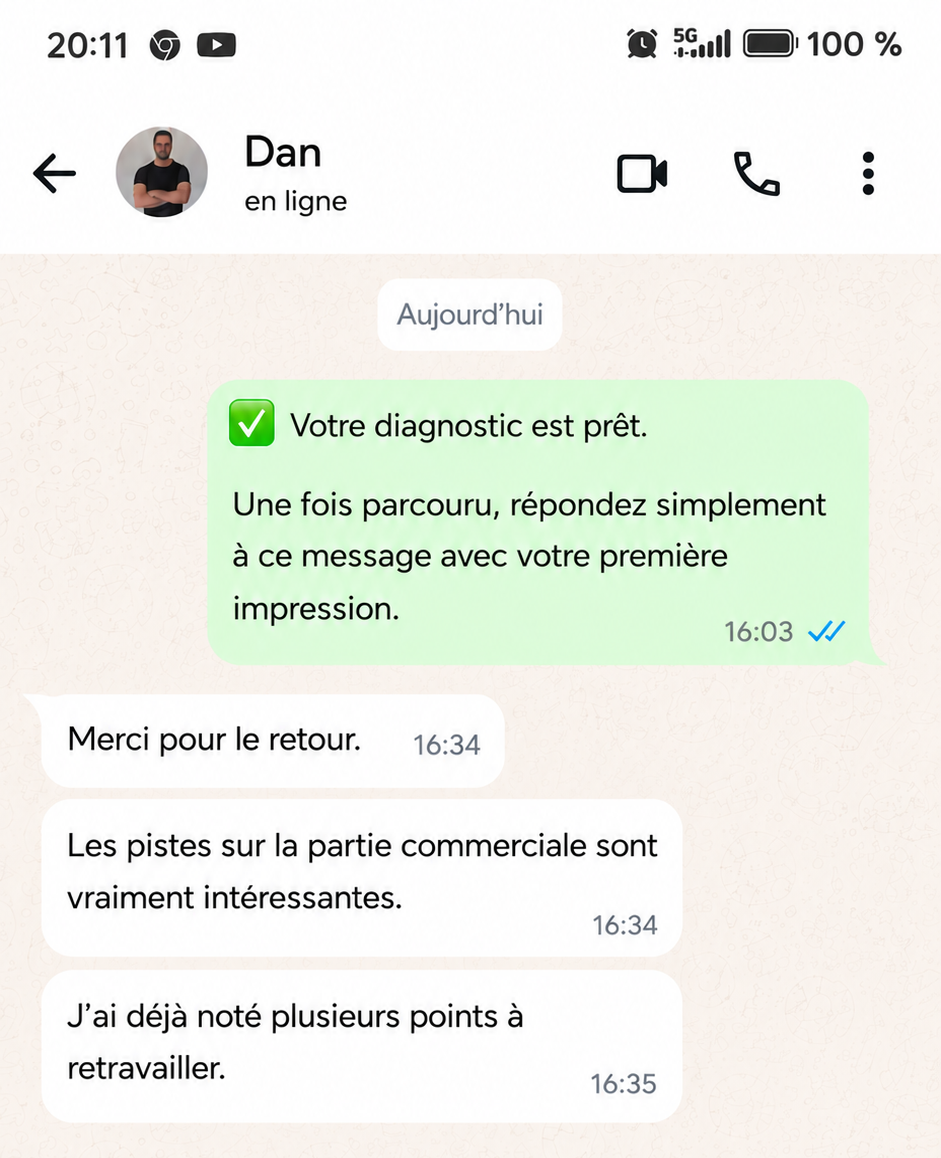 Conversation WhatsApp — retour diagnostic de Dan