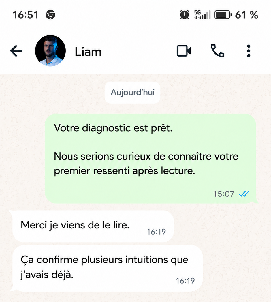 Conversation WhatsApp — retour diagnostic de Liam